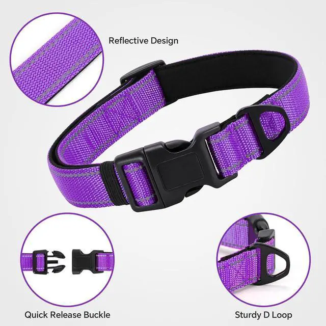 Alt view image 3 of 7 - Reflective Dog Collar with Quick Release Buckle - Metal Ring - Adjustable Soft Neoprene Padded Basic Dog Collar for Small Medium Large Dogs (Purple, Small :Width 1",Neck 11.8-15.7")