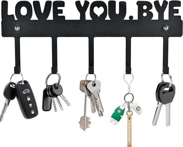Main image of Key Holder Wall Mount, No Drill Adhesive, Black, 5 Hooks | 'Love You.Bye' Entryway Organizer, Metal, 10x4 Inch, Screws Installation