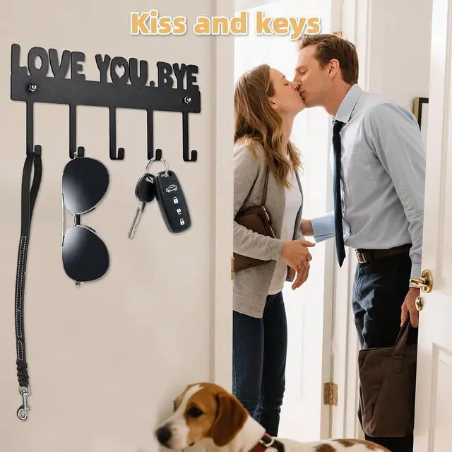 Alt view image 2 of 7 - Key Holder Wall Mount, No Drill Adhesive, Black, 5 Hooks | 'Love You.Bye' Entryway Organizer, Metal, 10x4 Inch, Screws Installation