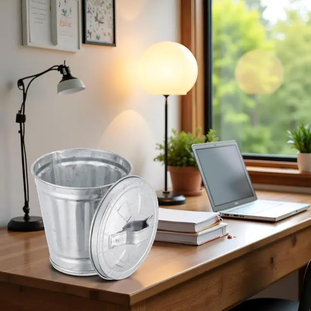 Alt view image 6 of 6 - Silver Mini Galvanized Trash Can with Lid (9.5X9X6.3CM), Metal Rubbish Bin, Flower Pot Pen Holder, Mini Wastebaskets Suit for Desk, Office, School, Dorm Room and Vanity