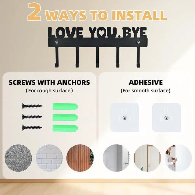 Alt view image 3 of 7 - Key Holder Wall Mount, No Drill Adhesive, Black, 5 Hooks | 'Love You.Bye' Entryway Organizer, Metal, 10x4 Inch, Screws Installation