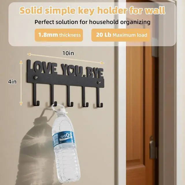 Alt view image 4 of 7 - Key Holder Wall Mount, No Drill Adhesive, Black, 5 Hooks | 'Love You.Bye' Entryway Organizer, Metal, 10x4 Inch, Screws Installation