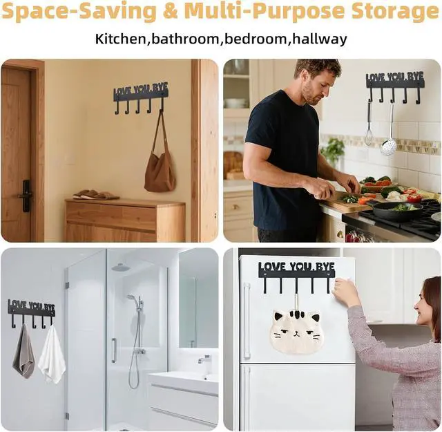 Alt view image 5 of 7 - Key Holder Wall Mount, No Drill Adhesive, Black, 5 Hooks | 'Love You.Bye' Entryway Organizer, Metal, 10x4 Inch, Screws Installation