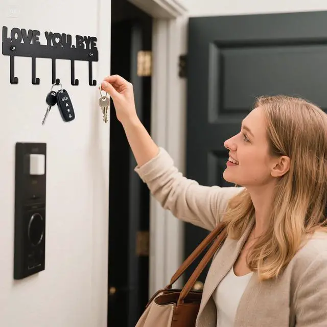 Alt view image 6 of 7 - Key Holder Wall Mount, No Drill Adhesive, Black, 5 Hooks | 'Love You.Bye' Entryway Organizer, Metal, 10x4 Inch, Screws Installation