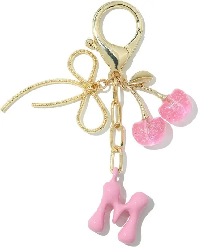 Main image of Deinduser Black Cherry/Pink Bubble Initial Keychain, Cherry Bag Charm | Back to School Gifts, Color Matched Bubble Letter Charm & Cherry Charm, Non-tarnish, Easy to Clip