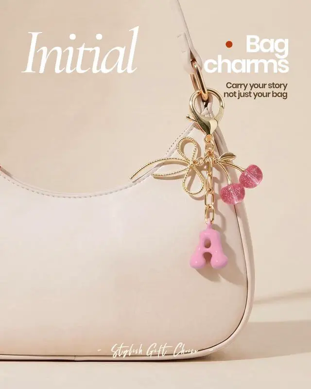 Alt view image 2 of 7 - Deinduser Black Cherry/Pink Bubble Initial Keychain, Cherry Bag Charm | Back to School Gifts, Color Matched Bubble Letter Charm & Cherry Charm, Non-tarnish, Easy to Clip