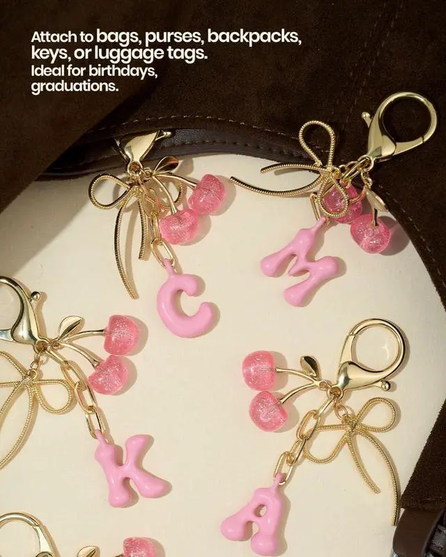 Alt view image 6 of 7 - Deinduser Black Cherry/Pink Bubble Initial Keychain, Cherry Bag Charm | Back to School Gifts, Color Matched Bubble Letter Charm & Cherry Charm, Non-tarnish, Easy to Clip
