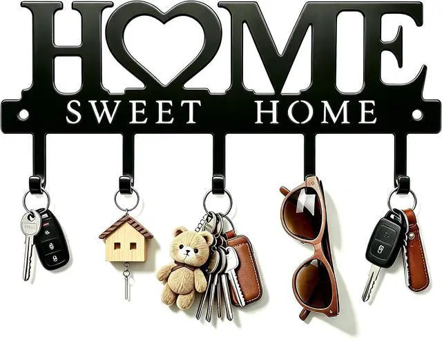 Main image of Key Holder for Wall with 5 Hooks, Wall Mounted Metal Key Rack Organizer, Home Sweet Home Heart Decor Key Hooks for Entryway, Mudroom, Kitchen, Dog Leashes, Coats, Housewarming Gift, Black