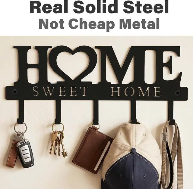 Alt view image 3 of 7 - Key Holder for Wall with 5 Hooks, Wall Mounted Metal Key Rack Organizer, Home Sweet Home Heart Decor Key Hooks for Entryway, Mudroom, Kitchen, Dog Leashes, Coats, Housewarming Gift, Black