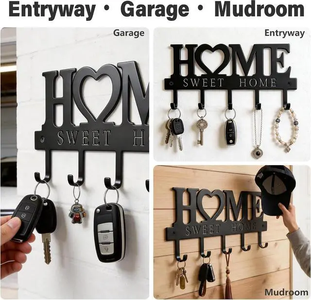 Alt view image 4 of 7 - Key Holder for Wall with 5 Hooks, Wall Mounted Metal Key Rack Organizer, Home Sweet Home Heart Decor Key Hooks for Entryway, Mudroom, Kitchen, Dog Leashes, Coats, Housewarming Gift, Black