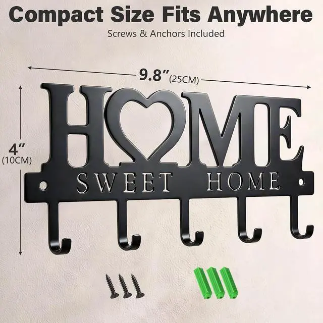 Alt view image 2 of 7 - Key Holder for Wall with 5 Hooks, Wall Mounted Metal Key Rack Organizer, Home Sweet Home Heart Decor Key Hooks for Entryway, Mudroom, Kitchen, Dog Leashes, Coats, Housewarming Gift, Black