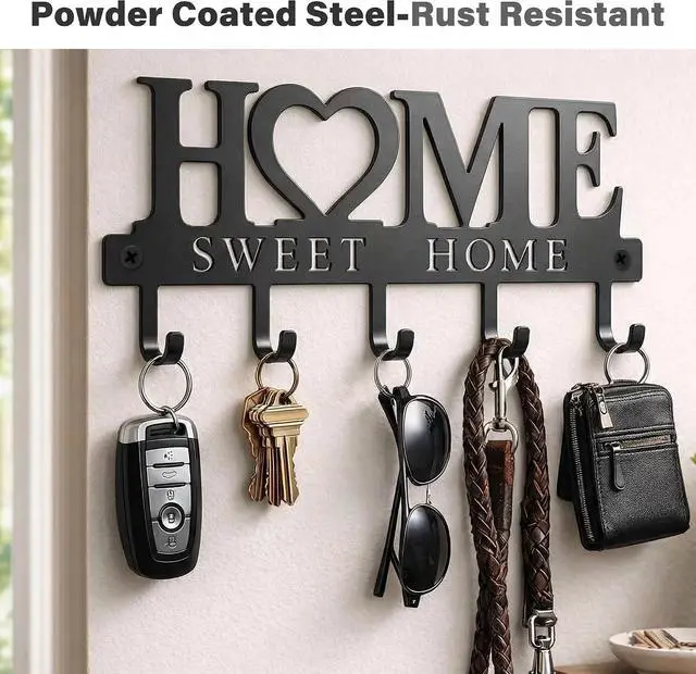 Alt view image 5 of 7 - Key Holder for Wall with 5 Hooks, Wall Mounted Metal Key Rack Organizer, Home Sweet Home Heart Decor Key Hooks for Entryway, Mudroom, Kitchen, Dog Leashes, Coats, Housewarming Gift, Black