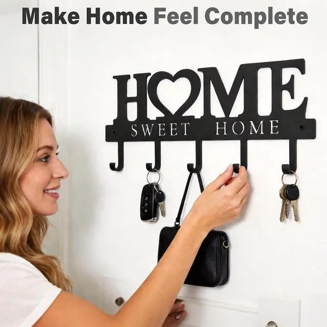 Alt view image 6 of 7 - Key Holder for Wall with 5 Hooks, Wall Mounted Metal Key Rack Organizer, Home Sweet Home Heart Decor Key Hooks for Entryway, Mudroom, Kitchen, Dog Leashes, Coats, Housewarming Gift, Black