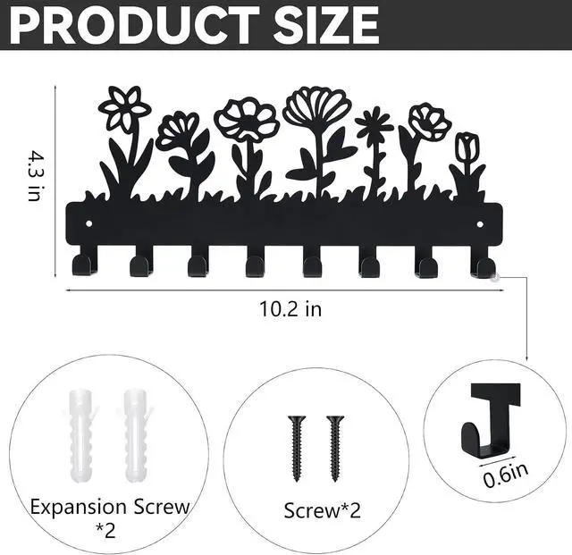 Alt view image 2 of 6 - Decorative Key Holder for Wall Mounted with 8 Hooks, Cute Flower Key Rack Organizer for Entryway, Hallway, Office, Wall Mount Hanger for Keys with Mounting Hardware, Dog Leash Holder Ready to Hang