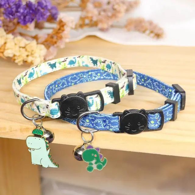 Alt view image 2 of 7 - Cat Collars for Boy Cats, 2 Pack Breakaway Cotton Kitten Collar with Bells and Removable Charms, Cute Dinosaurs Shaped