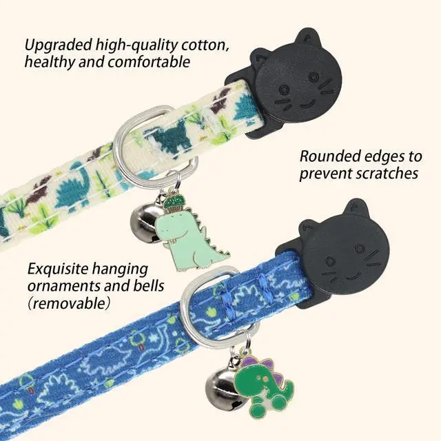 Alt view image 4 of 7 - Cat Collars for Boy Cats, 2 Pack Breakaway Cotton Kitten Collar with Bells and Removable Charms, Cute Dinosaurs Shaped