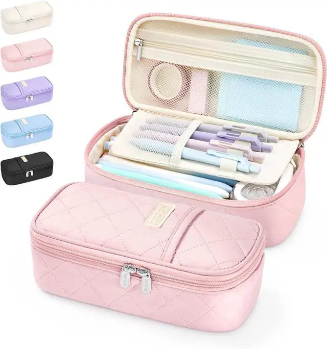 Main image of Sooez Cute Pencil Case, Soft Quilted Pencil Pouch, Large Pen Pencil Bag | Zipper Pen Case, Aesthetic Pen Pouch, Colored Stationery Storage & Organizer, School Supplies for Teen Girl Students, Pink