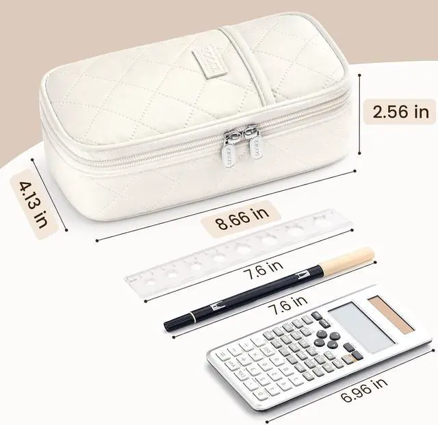 Alt view image 4 of 7 - Sooez Cute Pencil Case, Soft Quilted Pencil Pouch, Large Pen Pencil Bag | Zipper Pen Case, Aesthetic Pen Pouch, Colored Stationery Storage & Organizer, School Supplies for Teen Girl Students, Beige