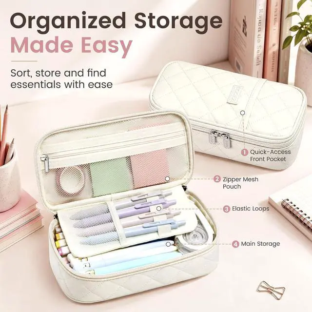 Alt view image 5 of 7 - Sooez Cute Pencil Case, Soft Quilted Pencil Pouch, Large Pen Pencil Bag | Zipper Pen Case, Aesthetic Pen Pouch, Colored Stationery Storage & Organizer, School Supplies for Teen Girl Students, Beige