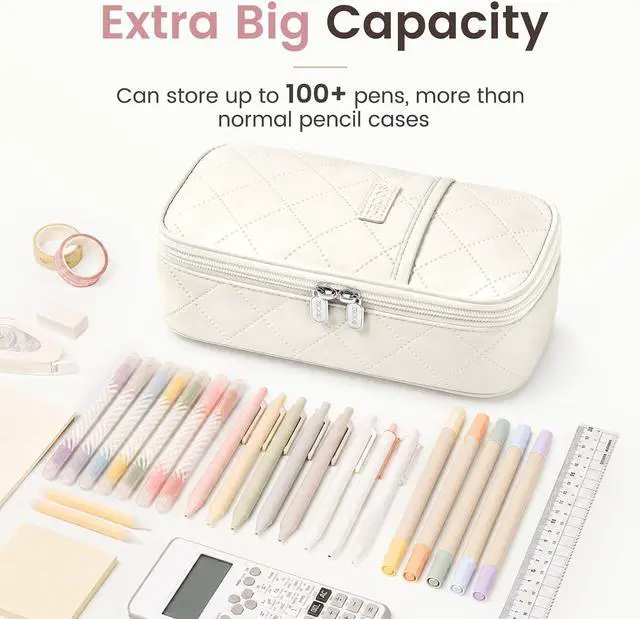 Alt view image 3 of 7 - Sooez Cute Pencil Case, Soft Quilted Pencil Pouch, Large Pen Pencil Bag | Zipper Pen Case, Aesthetic Pen Pouch, Colored Stationery Storage & Organizer, School Supplies for Teen Girl Students, Beige