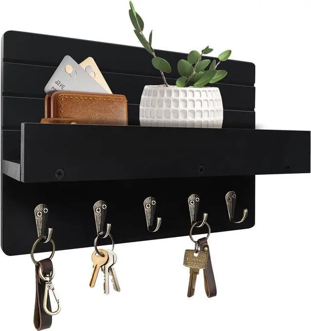Main image of Key Holder Wall Mount, Decorative Key Rack with Shelf & 5 Sturdy Hooks, Rustic Key Hooks for Wall for Mail Organizer Hanging Dog Leash, Glasses, Wooden Key Hanger with Mounting Hardware