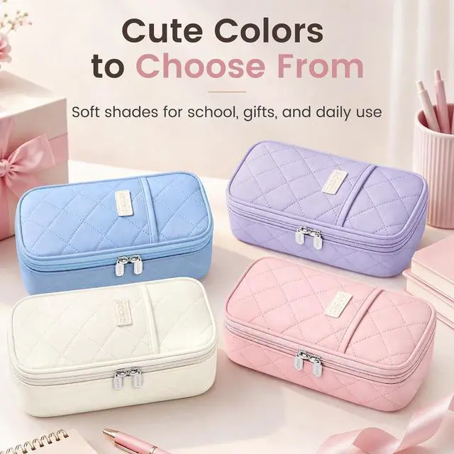 Alt view image 7 of 7 - Sooez Cute Pencil Case, Soft Quilted Pencil Pouch, Large Pen Pencil Bag | Zipper Pen Case, Aesthetic Pen Pouch, Colored Stationery Storage & Organizer, School Supplies for Teen Girl Students, Beige