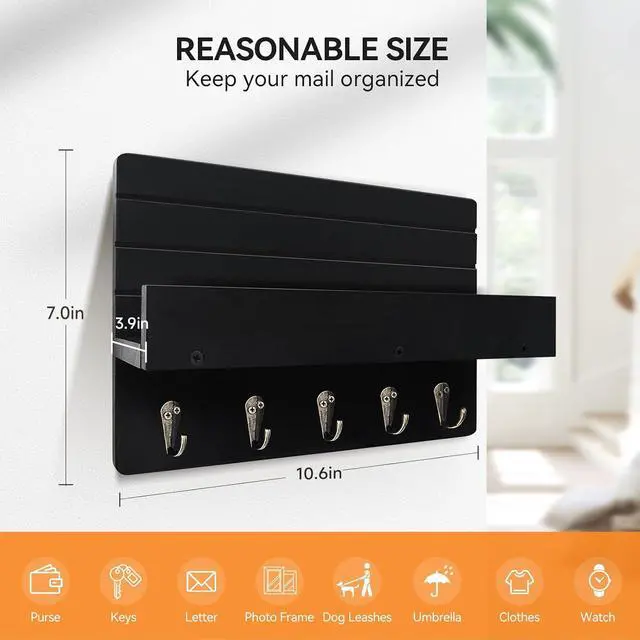 Alt view image 2 of 7 - Key Holder Wall Mount, Decorative Key Rack with Shelf & 5 Sturdy Hooks, Rustic Key Hooks for Wall for Mail Organizer Hanging Dog Leash, Glasses, Wooden Key Hanger with Mounting Hardware