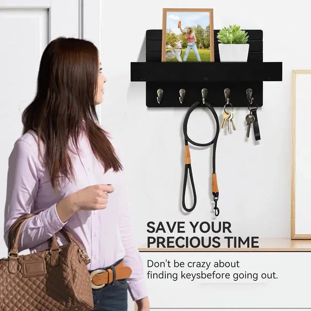 Alt view image 3 of 7 - Key Holder Wall Mount, Decorative Key Rack with Shelf & 5 Sturdy Hooks, Rustic Key Hooks for Wall for Mail Organizer Hanging Dog Leash, Glasses, Wooden Key Hanger with Mounting Hardware