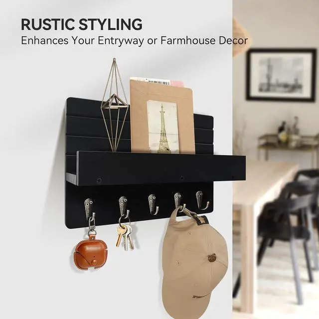 Alt view image 4 of 7 - Key Holder Wall Mount, Decorative Key Rack with Shelf & 5 Sturdy Hooks, Rustic Key Hooks for Wall for Mail Organizer Hanging Dog Leash, Glasses, Wooden Key Hanger with Mounting Hardware