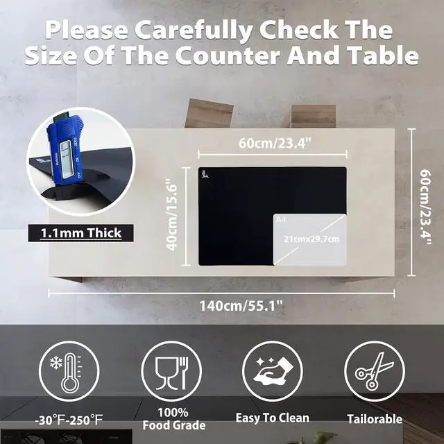 Alt view image 2 of 7 - Thick Silicone Counter Mat Large 23.4"by15.6", Heat Resistant Mat | Kitchen Table/Countertop Protector/Non Stick Pastry Baking Placemats, Silicone Pad for Crafts Kids, Super Kitchen Black