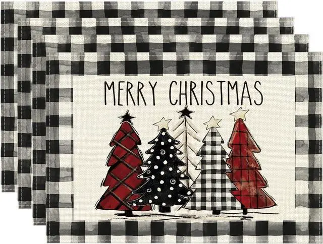 Main image of Artoid Mode Waterclor Buffalo Plaid Christmas Trees Placemats Set of 4, 12x18 Inch Winter Table Mats for Outdoor Home Party Kitchen Dining Decor