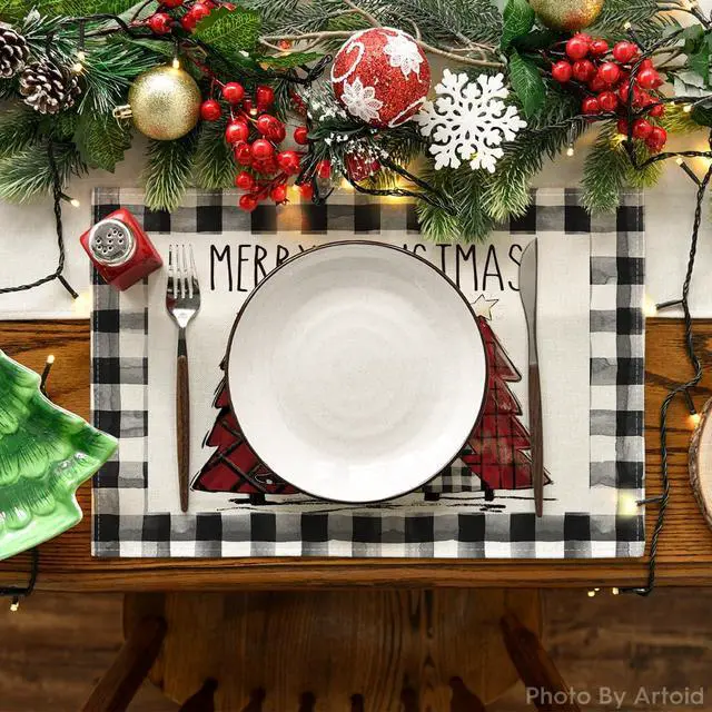 Alt view image 2 of 6 - Artoid Mode Waterclor Buffalo Plaid Christmas Trees Placemats Set of 4, 12x18 Inch Winter Table Mats for Outdoor Home Party Kitchen Dining Decor