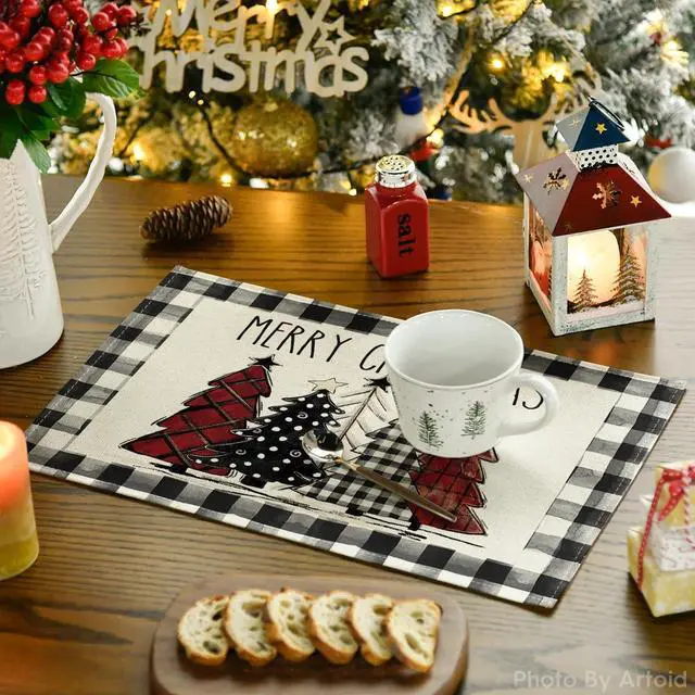 Alt view image 3 of 6 - Artoid Mode Waterclor Buffalo Plaid Christmas Trees Placemats Set of 4, 12x18 Inch Winter Table Mats for Outdoor Home Party Kitchen Dining Decor