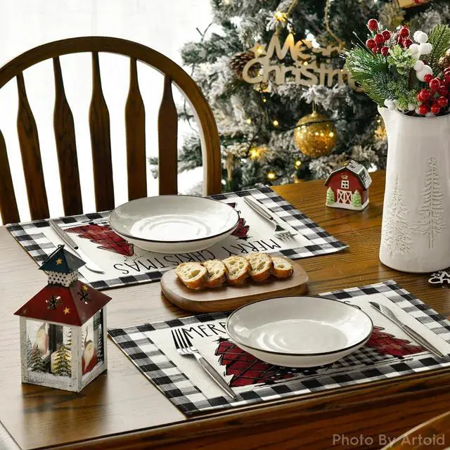 Alt view image 4 of 6 - Artoid Mode Waterclor Buffalo Plaid Christmas Trees Placemats Set of 4, 12x18 Inch Winter Table Mats for Outdoor Home Party Kitchen Dining Decor