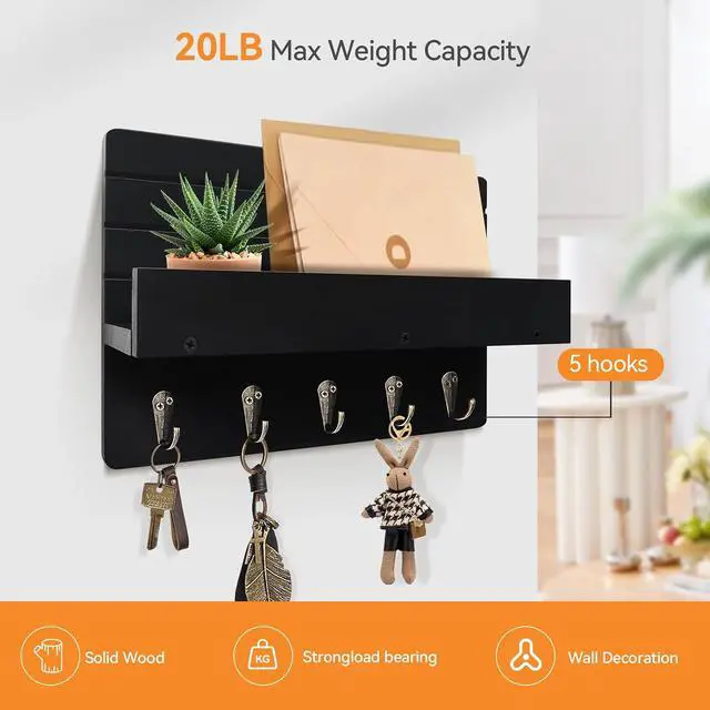 Alt view image 6 of 7 - Key Holder Wall Mount, Decorative Key Rack with Shelf & 5 Sturdy Hooks, Rustic Key Hooks for Wall for Mail Organizer Hanging Dog Leash, Glasses, Wooden Key Hanger with Mounting Hardware