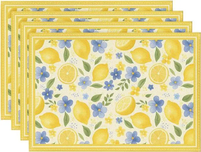 Main image of Artoid Mode Lemon Flowers Leaves Summer Placemats Set of 4, 12x18 Inch Seasonal Holiday Table Mats for Party Kitchen Dining Decoration