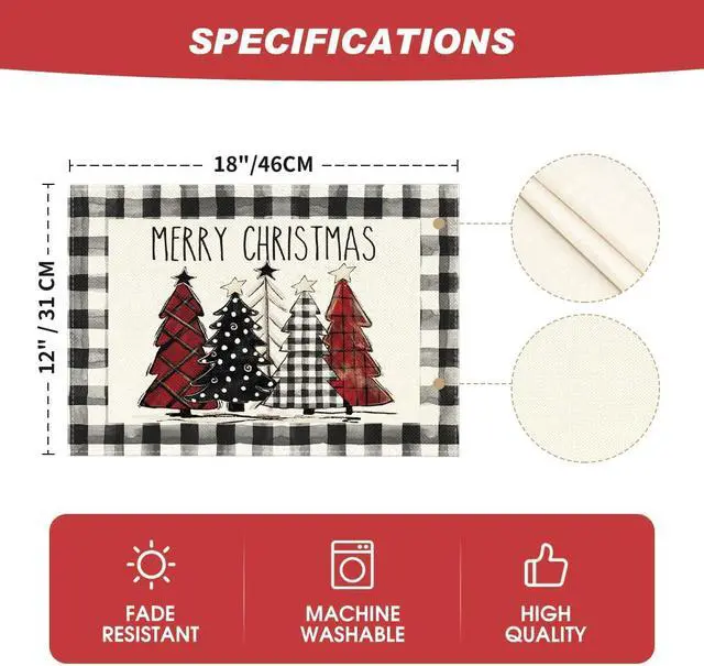 Alt view image 6 of 6 - Artoid Mode Waterclor Buffalo Plaid Christmas Trees Placemats Set of 4, 12x18 Inch Winter Table Mats for Outdoor Home Party Kitchen Dining Decor