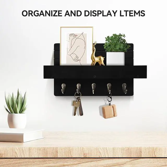 Alt view image 7 of 7 - Key Holder Wall Mount, Decorative Key Rack with Shelf & 5 Sturdy Hooks, Rustic Key Hooks for Wall for Mail Organizer Hanging Dog Leash, Glasses, Wooden Key Hanger with Mounting Hardware
