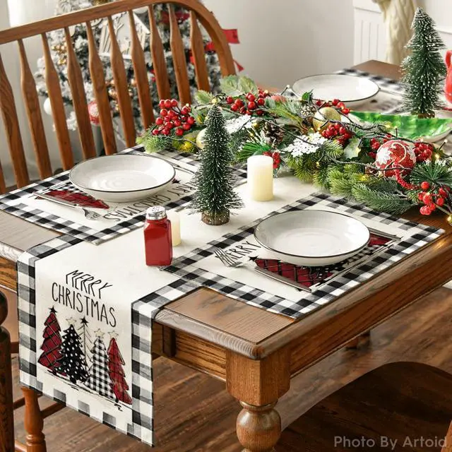 Alt view image 5 of 6 - Artoid Mode Waterclor Buffalo Plaid Christmas Trees Placemats Set of 4, 12x18 Inch Winter Table Mats for Outdoor Home Party Kitchen Dining Decor