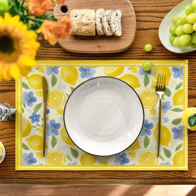 Alt view image 2 of 7 - Artoid Mode Lemon Flowers Leaves Summer Placemats Set of 4, 12x18 Inch Seasonal Holiday Table Mats for Party Kitchen Dining Decoration