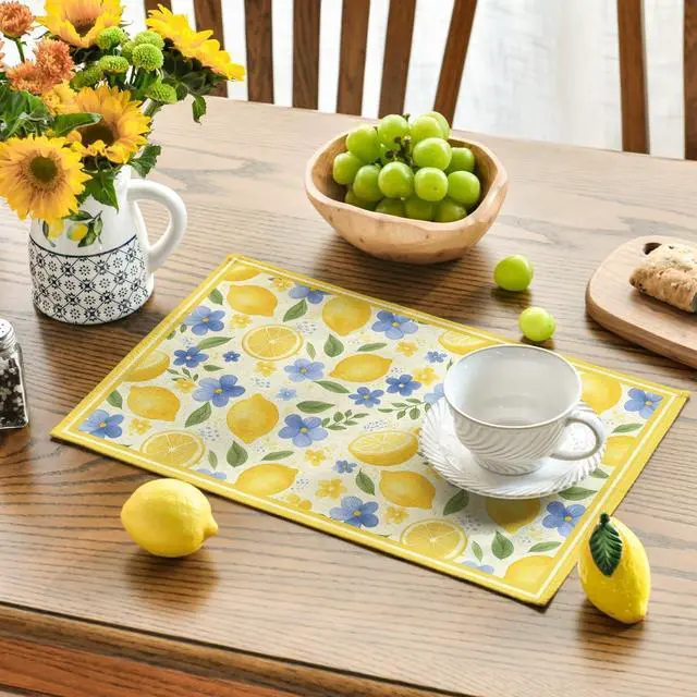 Alt view image 3 of 7 - Artoid Mode Lemon Flowers Leaves Summer Placemats Set of 4, 12x18 Inch Seasonal Holiday Table Mats for Party Kitchen Dining Decoration
