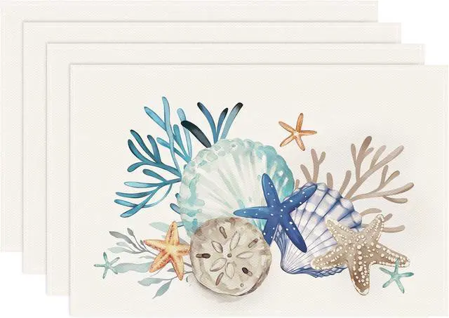 Main image of Bonhause Nautical Coastal Placemats Set of 4, 12x18 Inch Beach Starfish Seashell Ocean Coral Summer Kitchen Dining Table Mats Washable Place Mats for Indoor Outdoor Home Party Décor