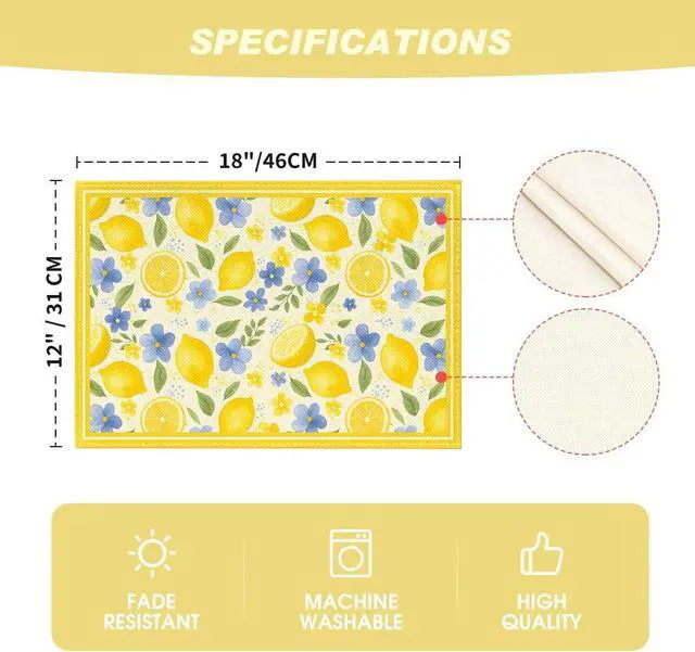 Alt view image 7 of 7 - Artoid Mode Lemon Flowers Leaves Summer Placemats Set of 4, 12x18 Inch Seasonal Holiday Table Mats for Party Kitchen Dining Decoration