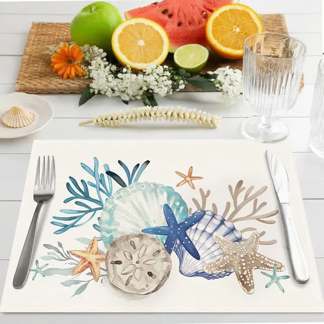 Alt view image 2 of 6 - Bonhause Nautical Coastal Placemats Set of 4, 12x18 Inch Beach Starfish Seashell Ocean Coral Summer Kitchen Dining Table Mats Washable Place Mats for Indoor Outdoor Home Party Décor