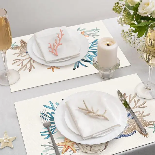 Alt view image 3 of 6 - Bonhause Nautical Coastal Placemats Set of 4, 12x18 Inch Beach Starfish Seashell Ocean Coral Summer Kitchen Dining Table Mats Washable Place Mats for Indoor Outdoor Home Party Décor