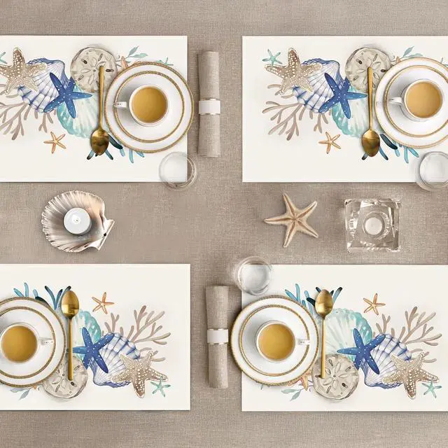 Alt view image 4 of 6 - Bonhause Nautical Coastal Placemats Set of 4, 12x18 Inch Beach Starfish Seashell Ocean Coral Summer Kitchen Dining Table Mats Washable Place Mats for Indoor Outdoor Home Party Décor