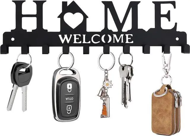 Main image of Key Holder Wall Mount, Adhesive Key Hanger with 12 Hooks, Black | Metal Material, 2 Mount Options, Compact Design, Cute Wall Decoration, Suit for Entryway, Doorway, Hallway, RV, Garage