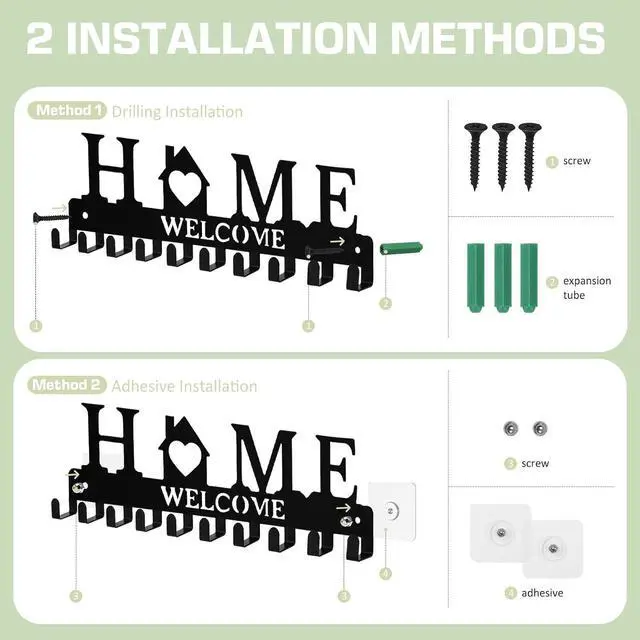 Alt view image 2 of 7 - Key Holder Wall Mount, Adhesive Key Hanger with 12 Hooks, Black | Metal Material, 2 Mount Options, Compact Design, Cute Wall Decoration, Suit for Entryway, Doorway, Hallway, RV, Garage
