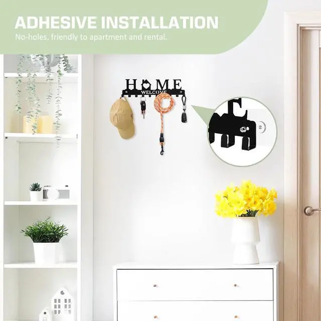 Alt view image 4 of 7 - Key Holder Wall Mount, Adhesive Key Hanger with 12 Hooks, Black | Metal Material, 2 Mount Options, Compact Design, Cute Wall Decoration, Suit for Entryway, Doorway, Hallway, RV, Garage