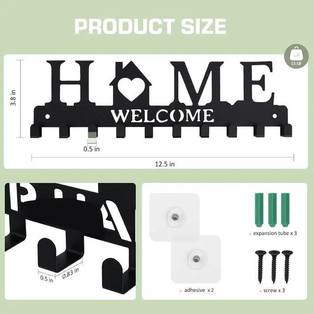 Alt view image 5 of 7 - Key Holder Wall Mount, Adhesive Key Hanger with 12 Hooks, Black | Metal Material, 2 Mount Options, Compact Design, Cute Wall Decoration, Suit for Entryway, Doorway, Hallway, RV, Garage